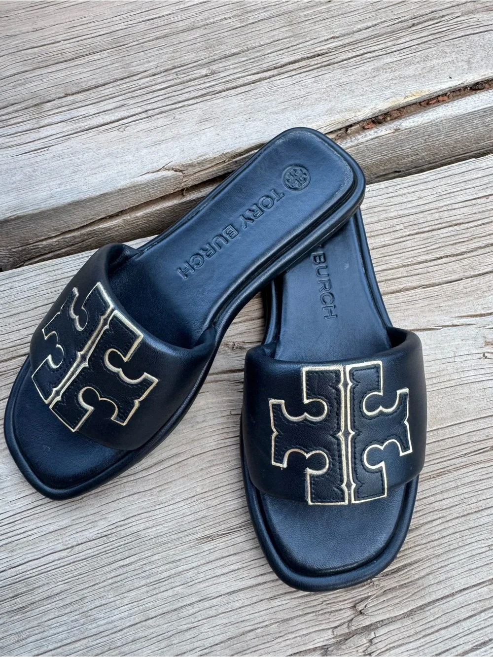 Tory Burch Black Slides with Gold Logo Stitching